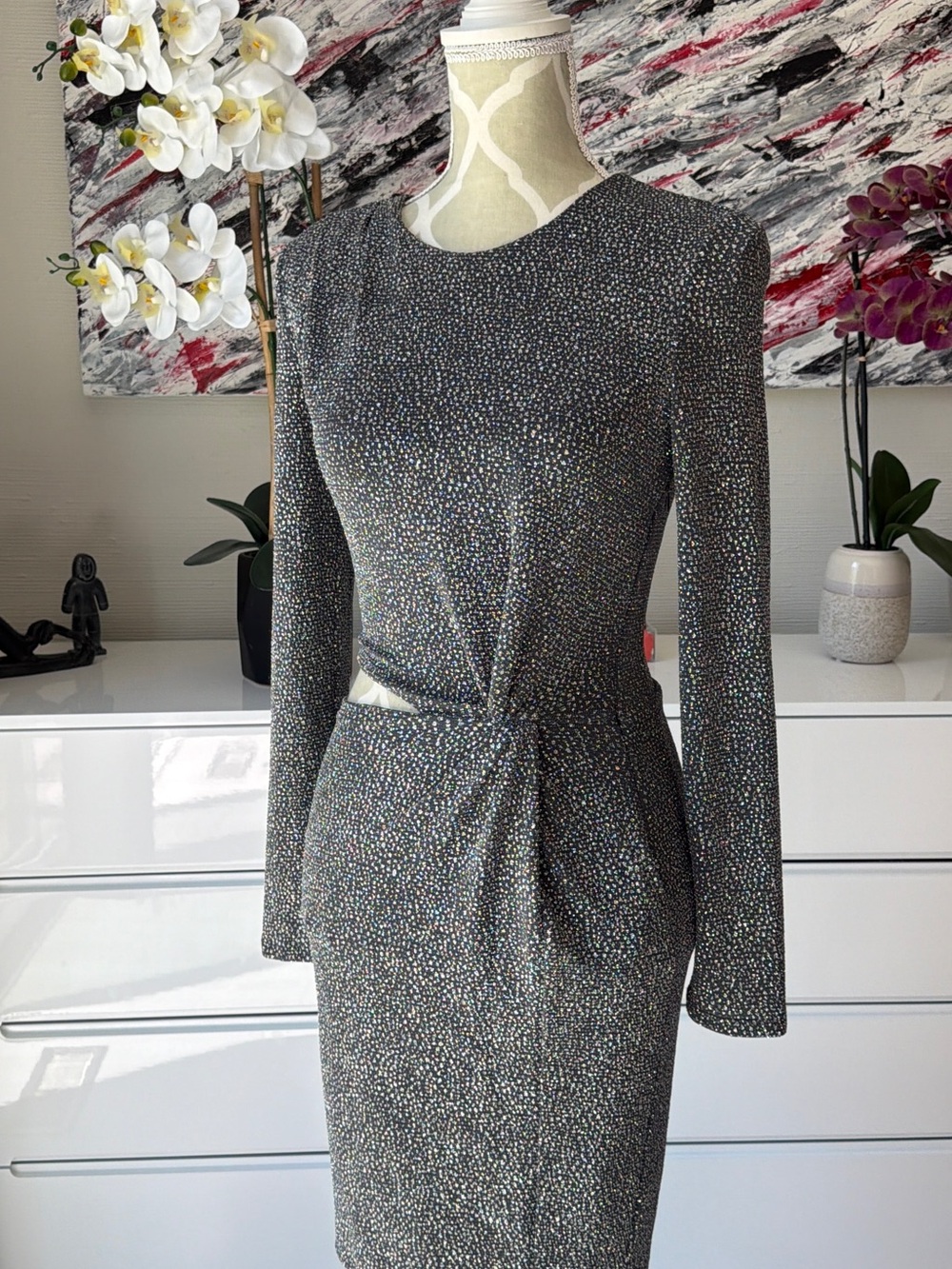 H&M Long-Sleeve Sheath Dress in Black with Multicolor Speckle